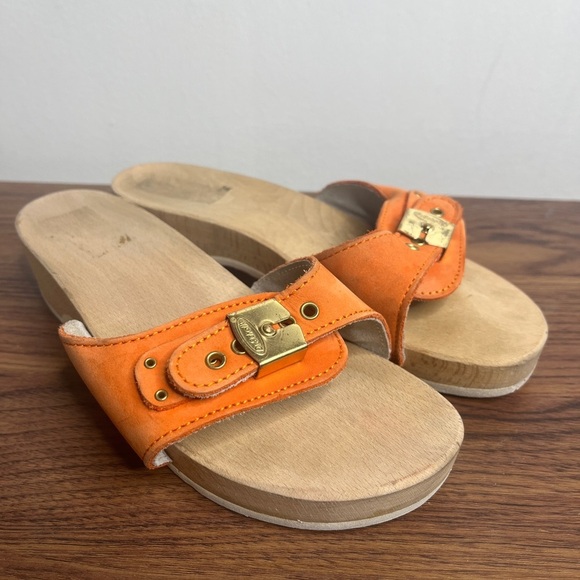VTG Dr. Scholl’s The Original Wood Sole Sz 6 Orange Sandals Y2K Made in Italy - Picture 11 of 14
